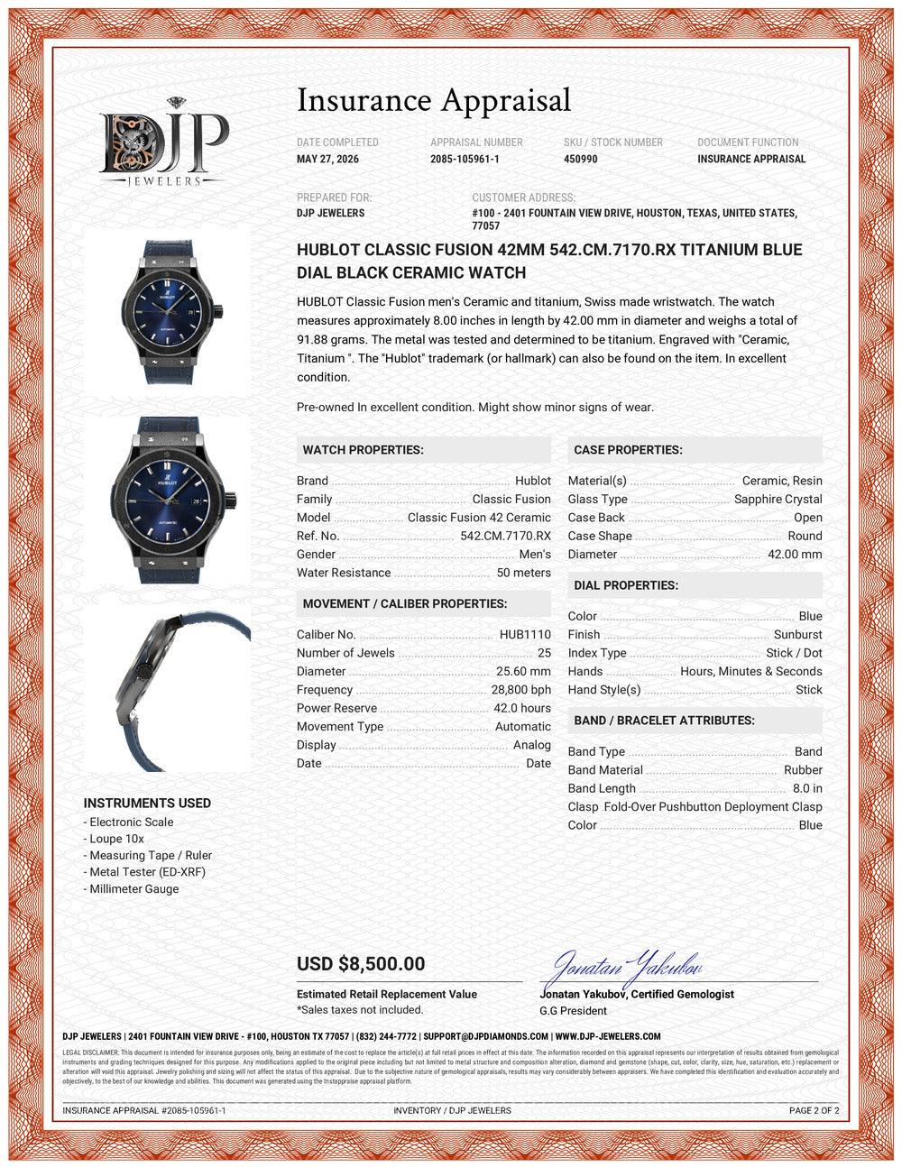 Hublot Classic Fusion 42MM 542.cm.7170.rx Titanium Blue Dial Black Ceramic Watch