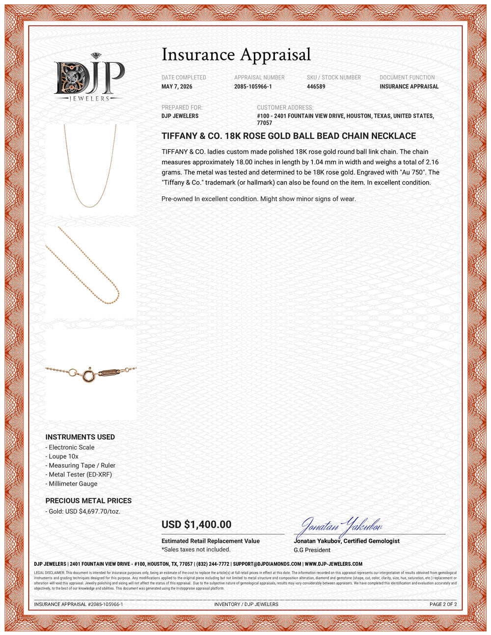 Tiffany & Co. 18K Rose Gold Ball Bead Chain Necklace