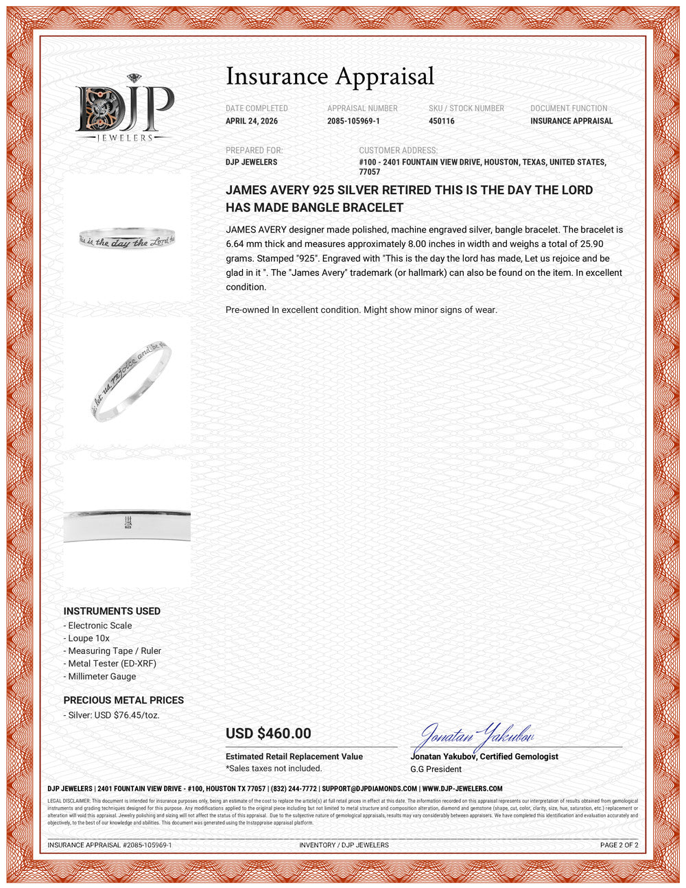 James Avery 925 Silver Retired This Is the Day the Lord Has Made Bangle Bracelet