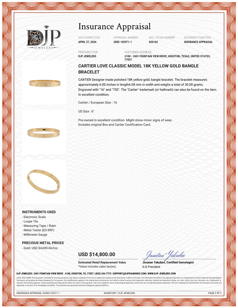 Cartier Love Classic Model 18K Yellow Gold Bangle Bracelet