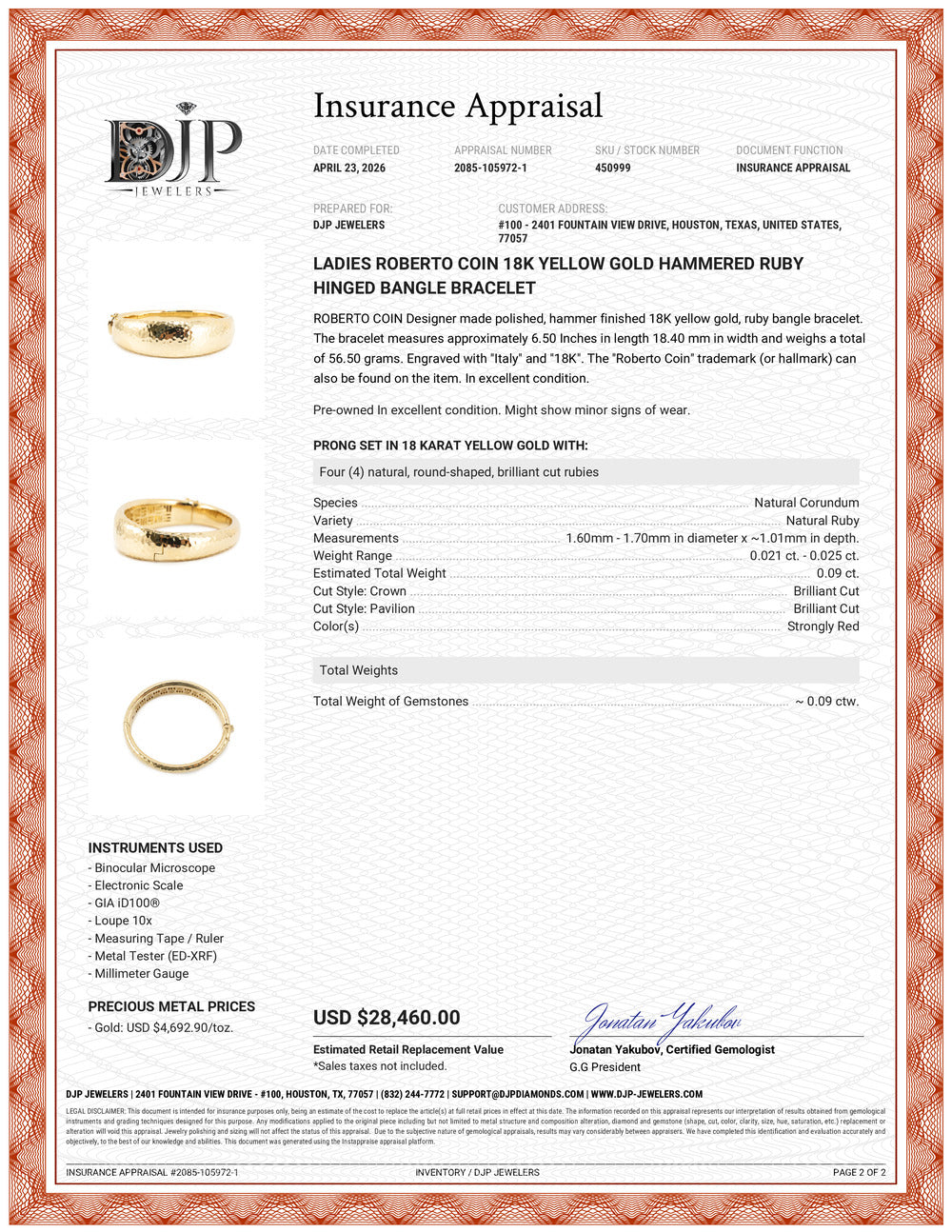 Ladies Roberto Coin Martellato Collection 18K Yellow Gold Hammered Ruby Hinged Bangle Bracelet