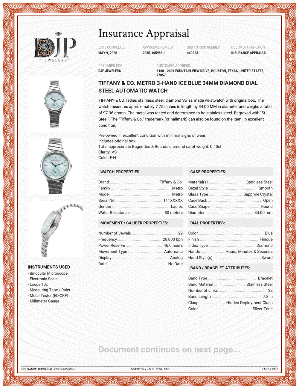 Tiffany & Co. Metro 3-Hand Ice Blue 34MM Diamond Dial Steel Automatic Watch