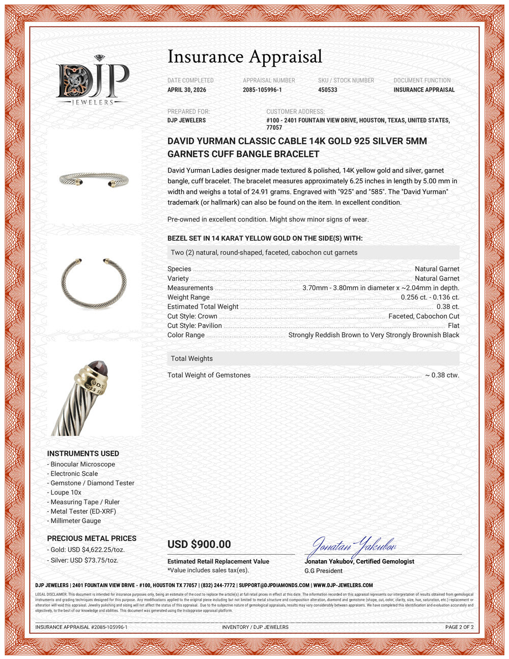 David Yurman Classic Cable 14K Gold 925 Silver 5MM Garnets Cuff Bangle Bracelet
