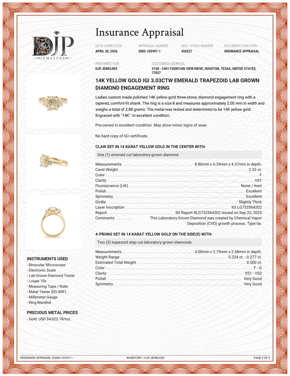 14K Yellow Gold Igi 3.03ctw Emerald Trapezoid Lab Grown Diamond Engagement Ring