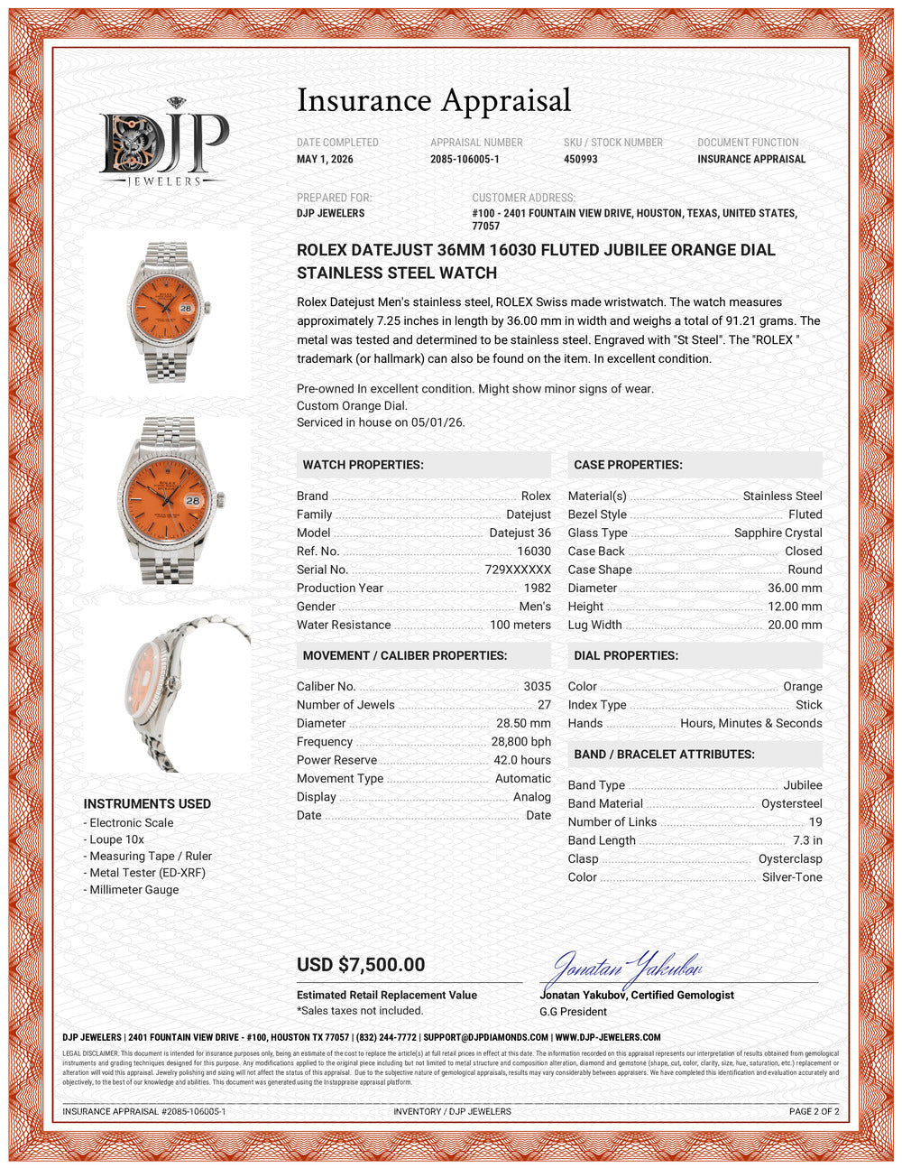 Rolex Datejust 36MM 16030 Fluted Jubilee Orange Dial Stainless Steel Watch