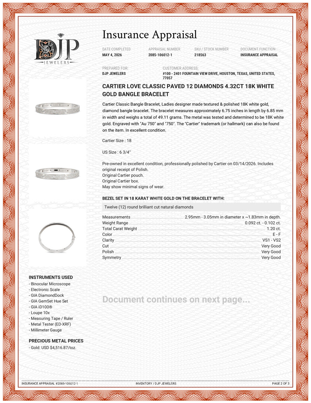 Cartier Love Classic Paved 12 Diamonds 4.32ct 18K White Gold Bangle Bracelet