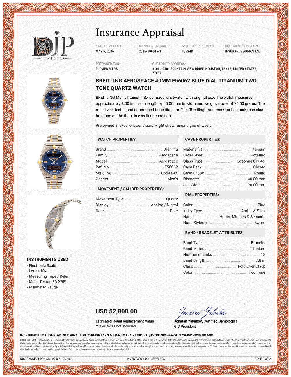 Breitling Aerospace 40MM F56062 Blue Dial Titanium Two Tone Quartz Watch