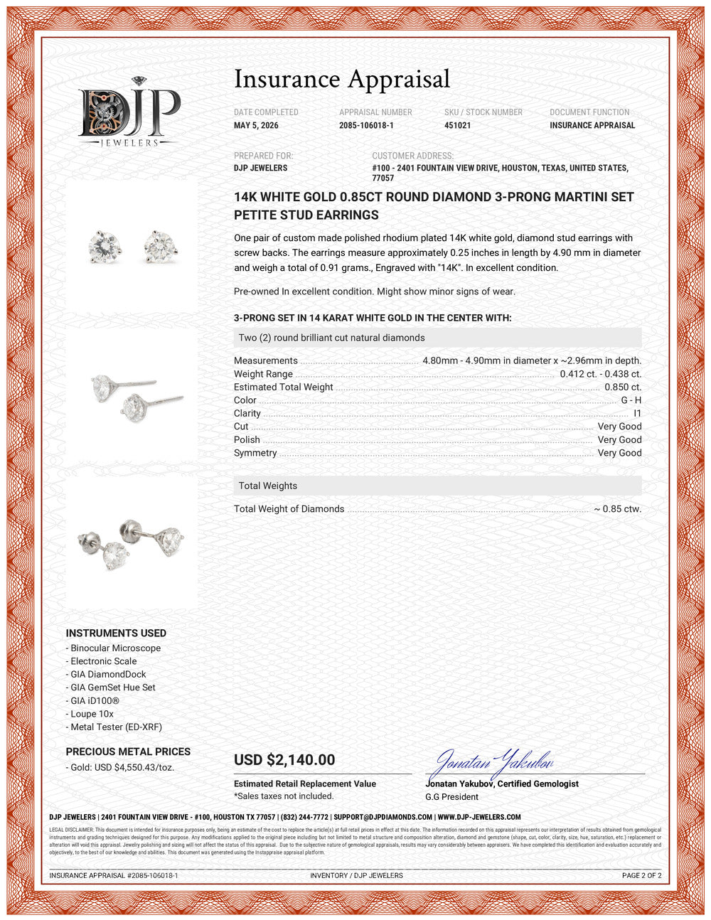 14K White Gold 0.85ct Round Diamond 3-Prong Martini Set Petite Stud Earrings
