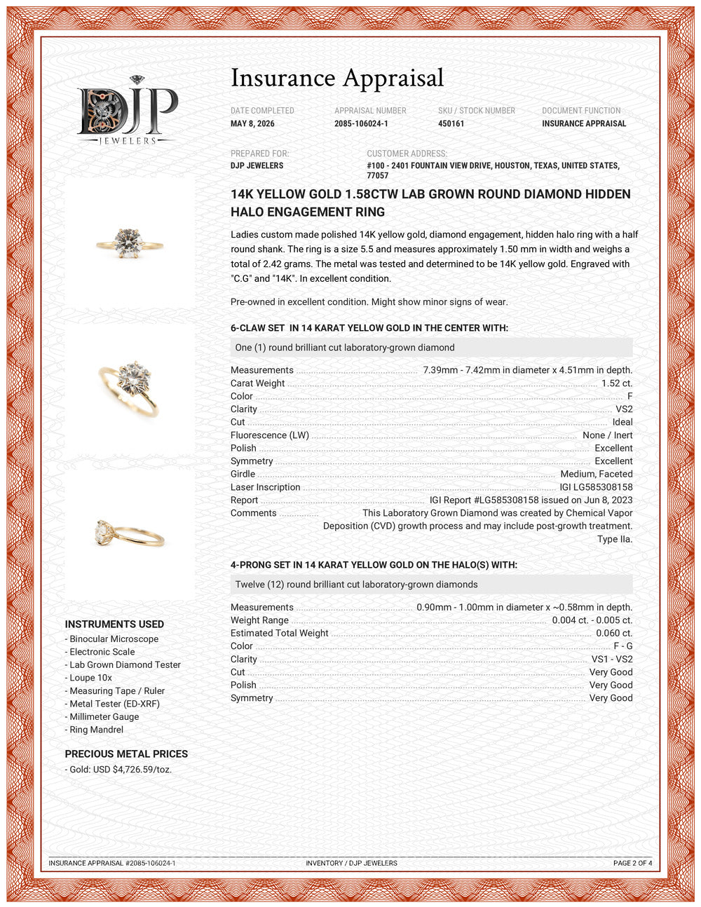 14K Yellow Gold 1.58ctw Lab Grown Round Diamond Hidden Halo Engagement Ring