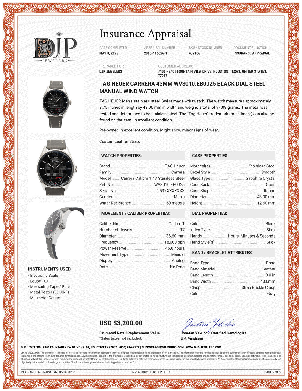 Tag Heuer Carrera 43MM wv3010.eb0025 Black Dial Steel Manual Wind Watch