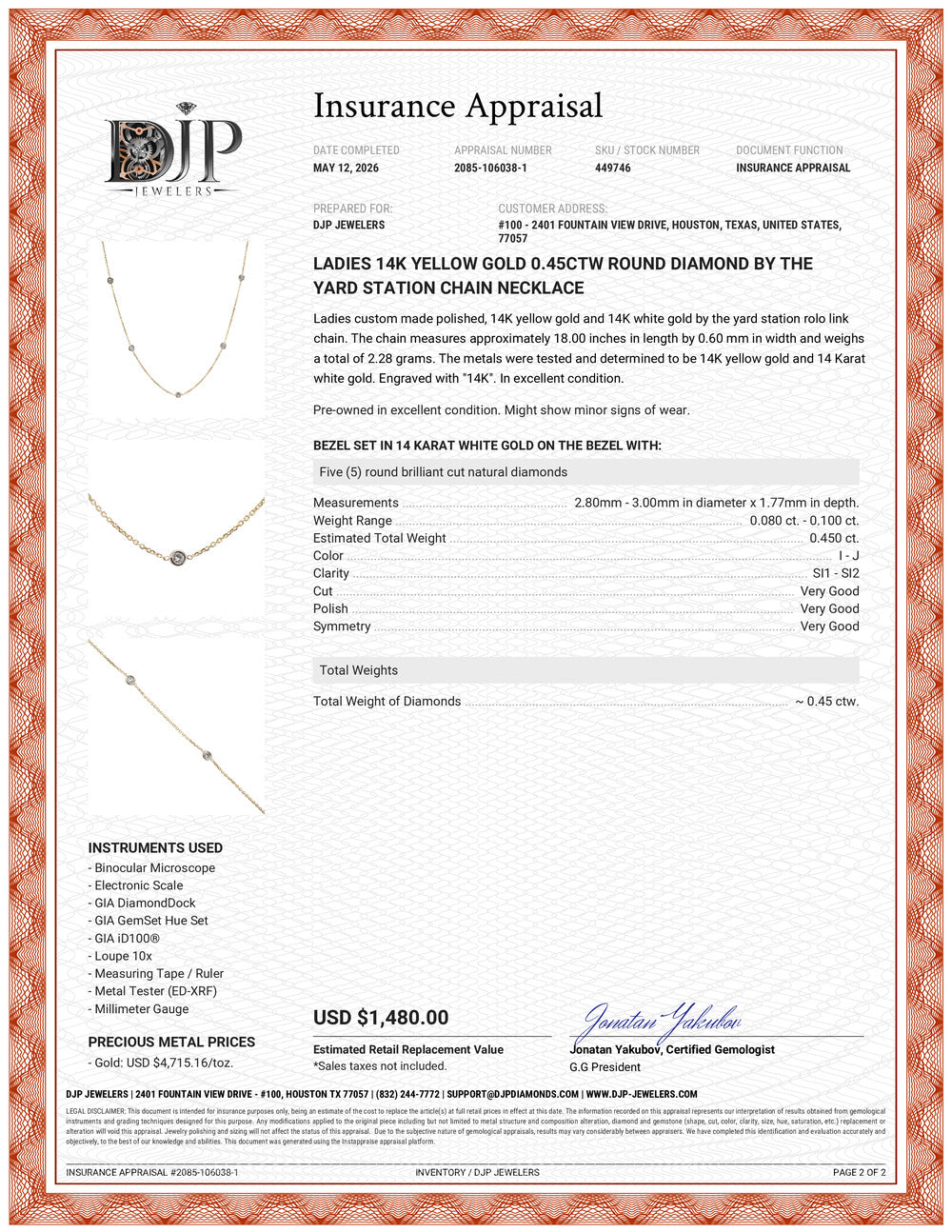 Ladies 14K Yellow Gold 0.45ctw Round Diamond by the Yard Station Chain Necklace
