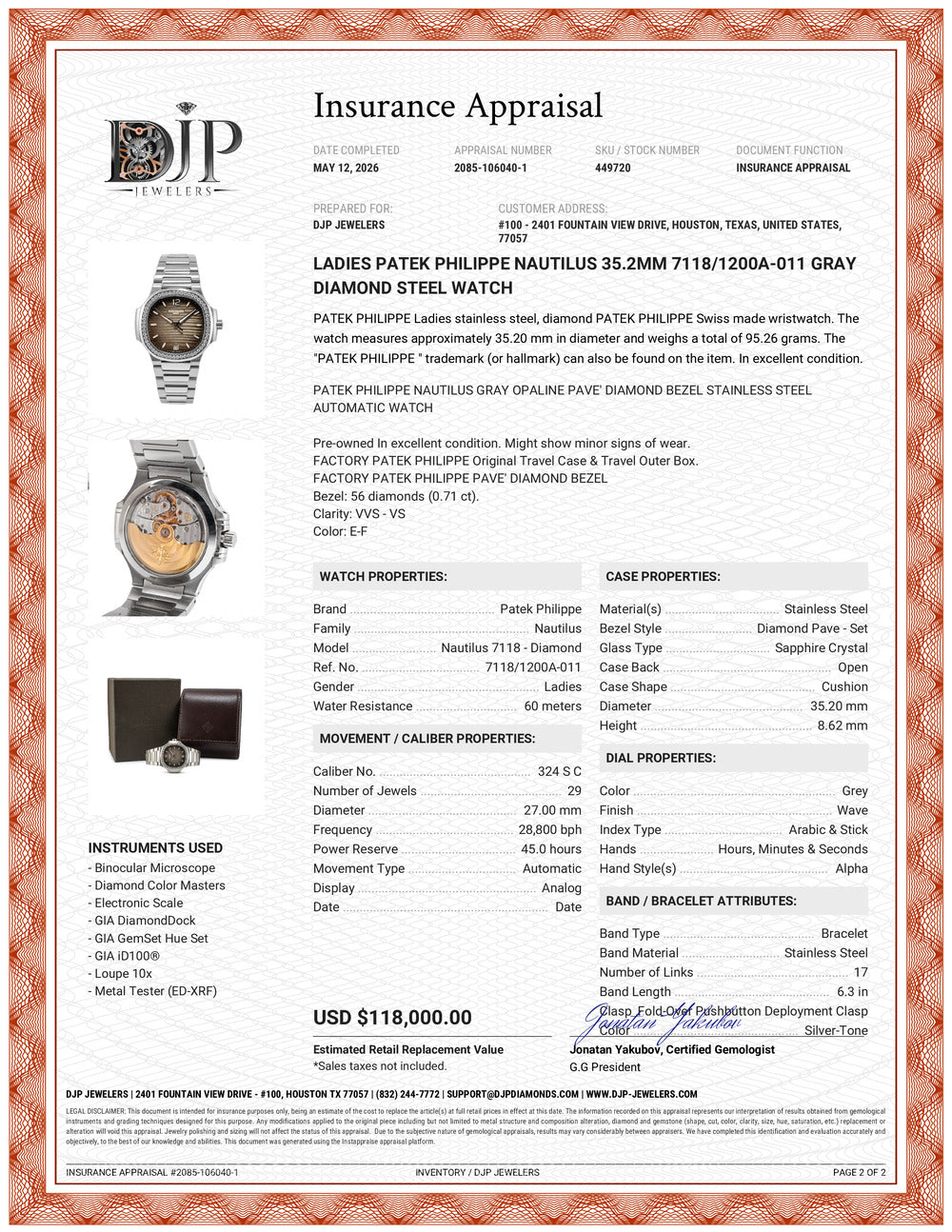 Ladies Patek Philippe Nautilus 35.2mm 7118/1200A-011 Gray Diamond Steel Watch