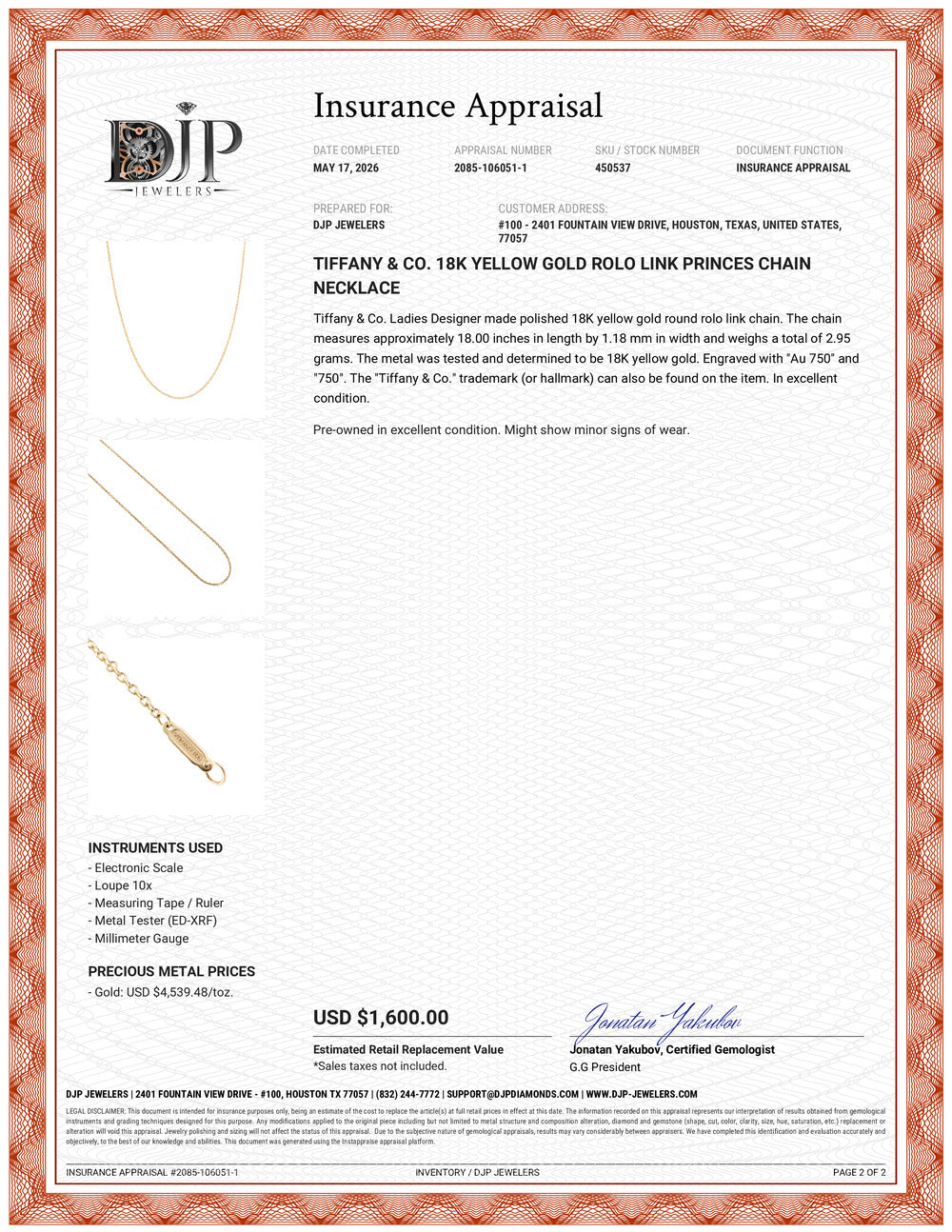 Tiffany & Co. 18K Yellow Gold Rolo Link Princes Chain Necklace