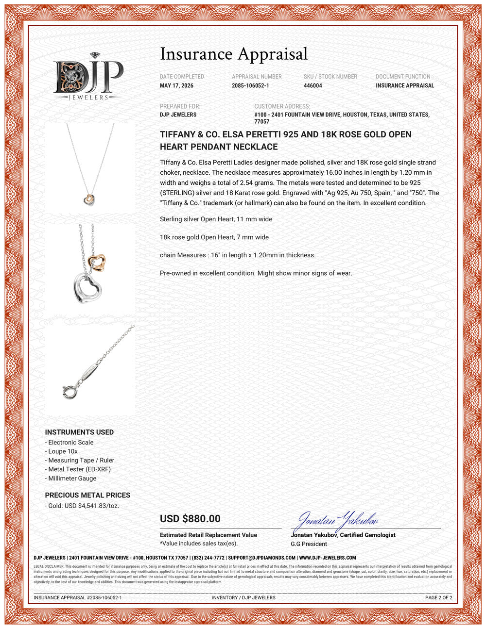 Tiffany & Co. Elsa Peretti 925 and 18K Rose Gold Open Heart Pendant Necklace