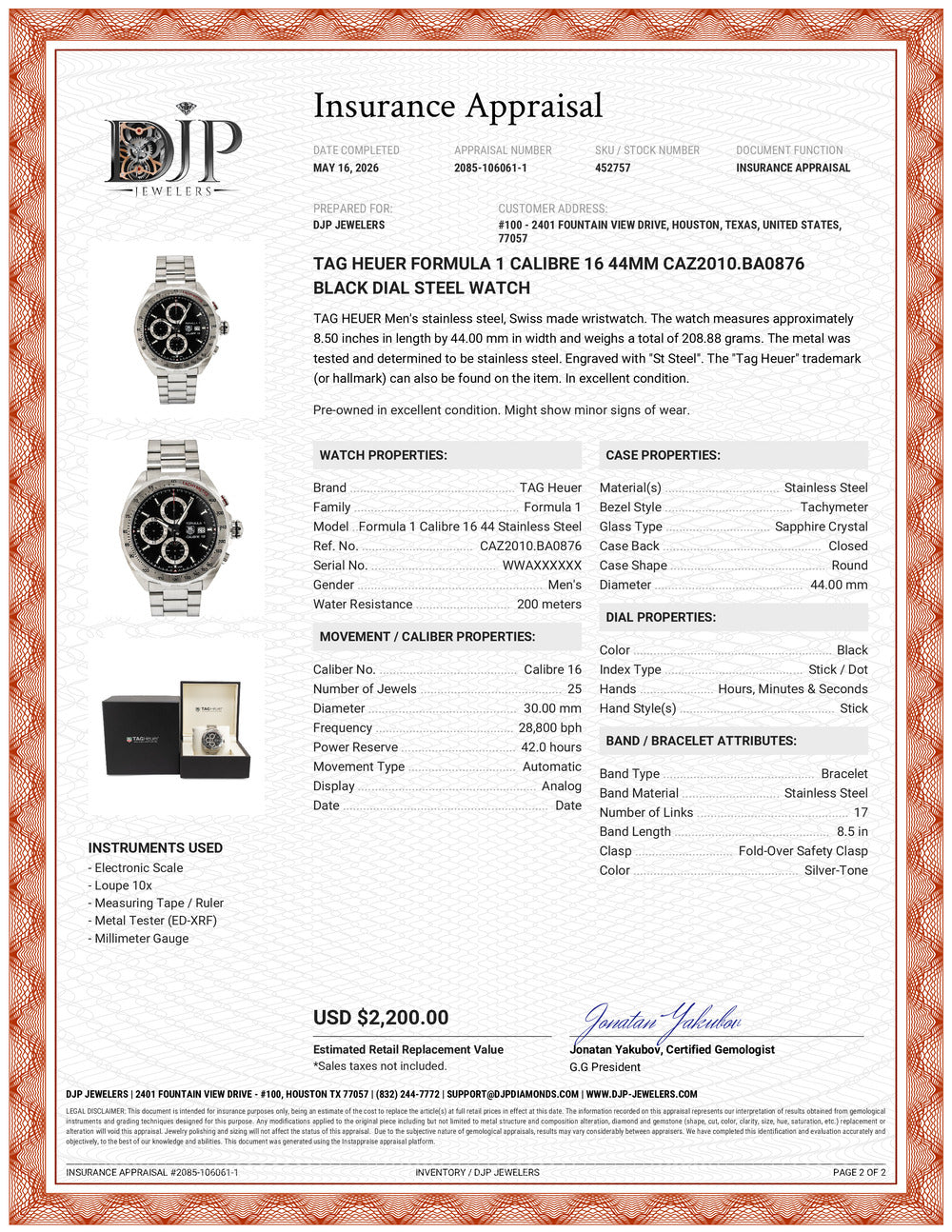 Tag Heuer Formula 1 Calibre 16 44MM caz2010.ba0876 Black Dial Steel Watch