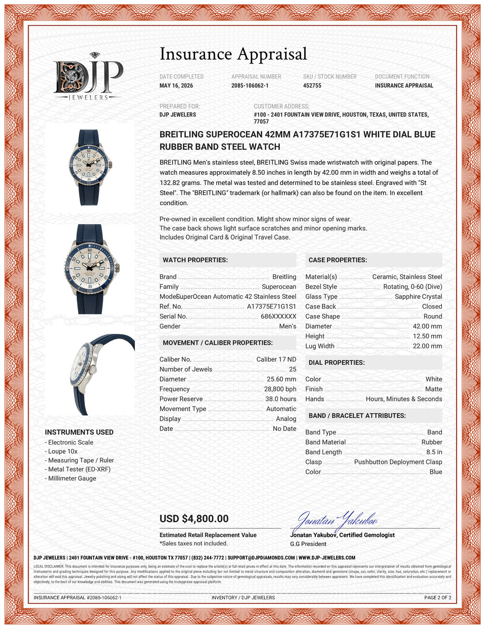 Breitling Superocean 42MM a17375e71g1s1 White Dial Blue Rubber Band Steel Watch