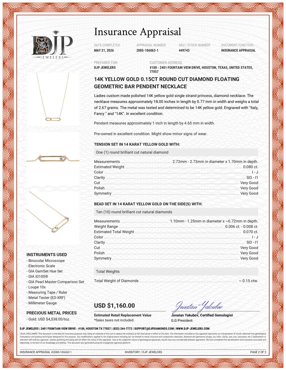 14K Yellow Gold 0.15ct Round Cut Diamond Floating Geometric Bar Pendant Necklace