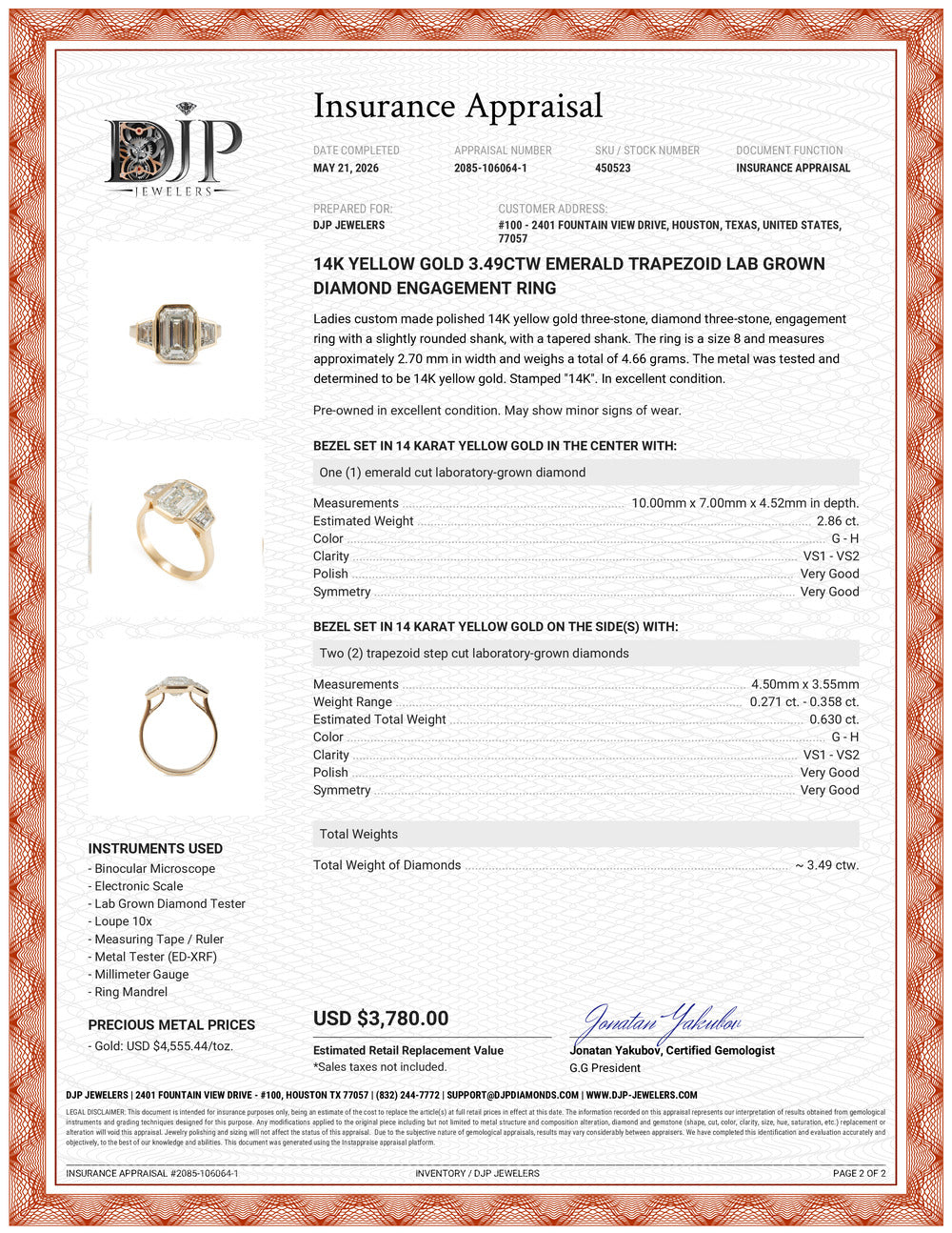 14K Yellow Gold 3.49ctw Emerald Trapezoid Lab Grown Diamond Engagement Ring