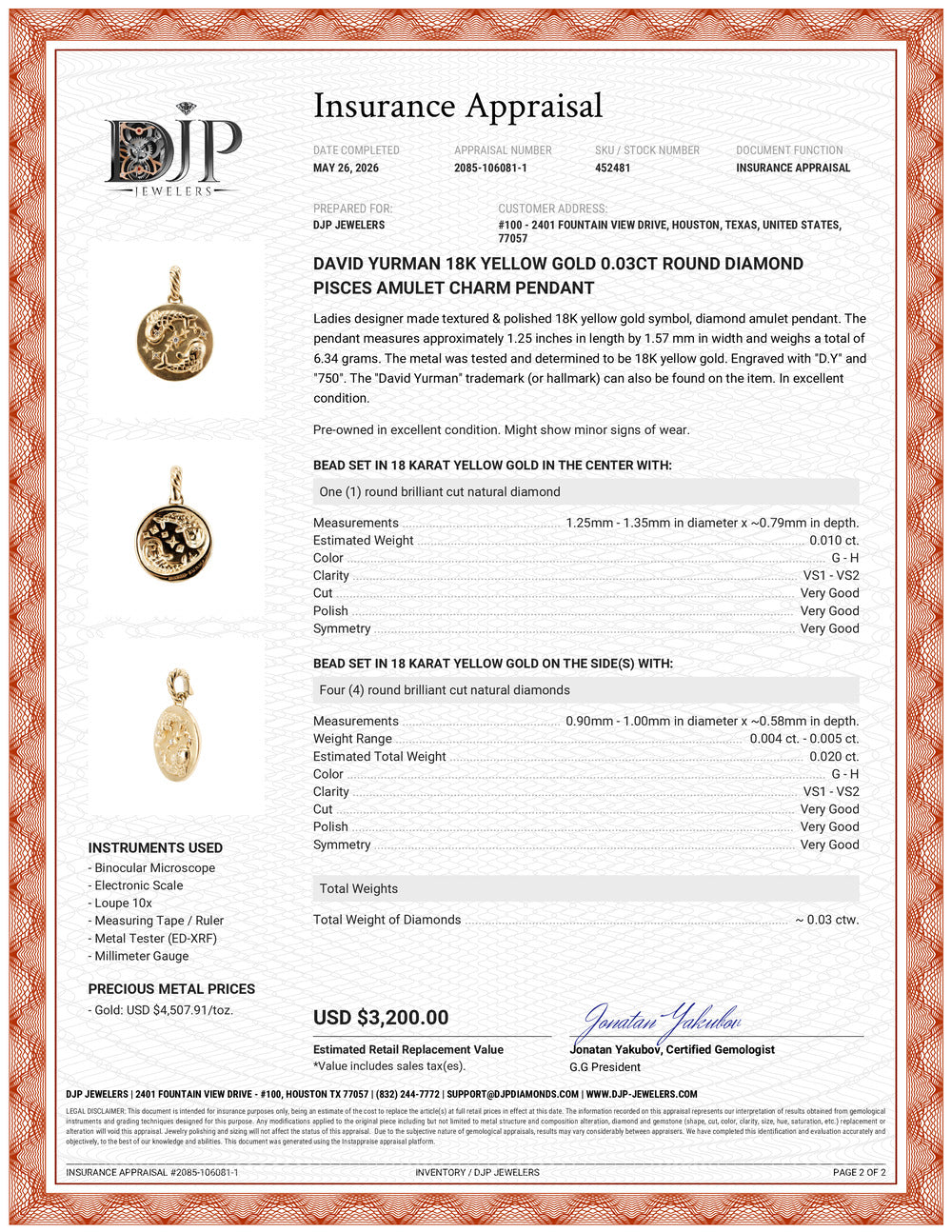 David Yurman 18K Yellow Gold 0.03ct Round Diamond Pisces Amulet Charm Pendant