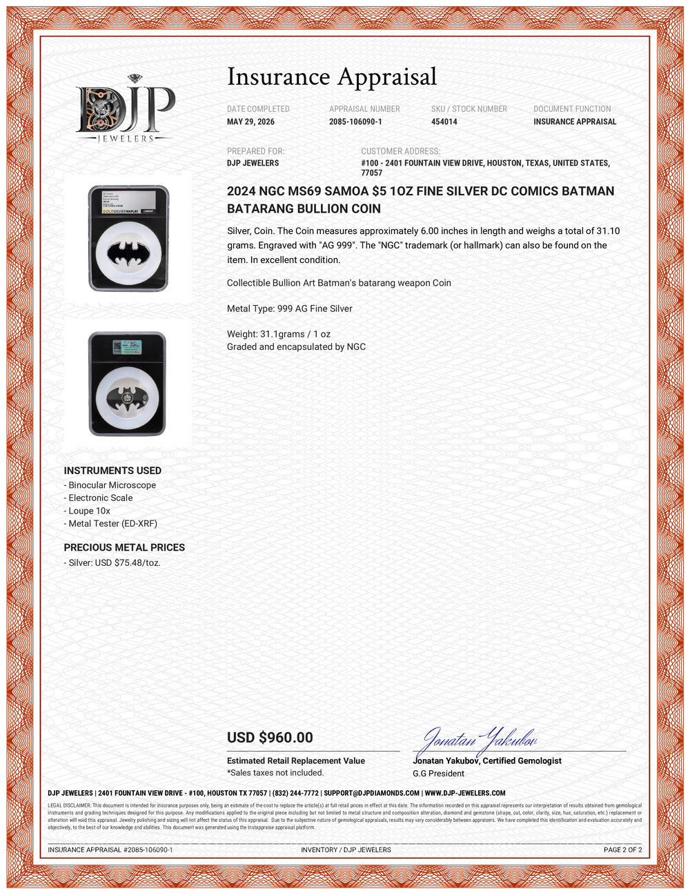 2024 Ngc MS69 Samoa $5 1OZ Fine Silver DC Comics Batman Batarang Bullion Coin