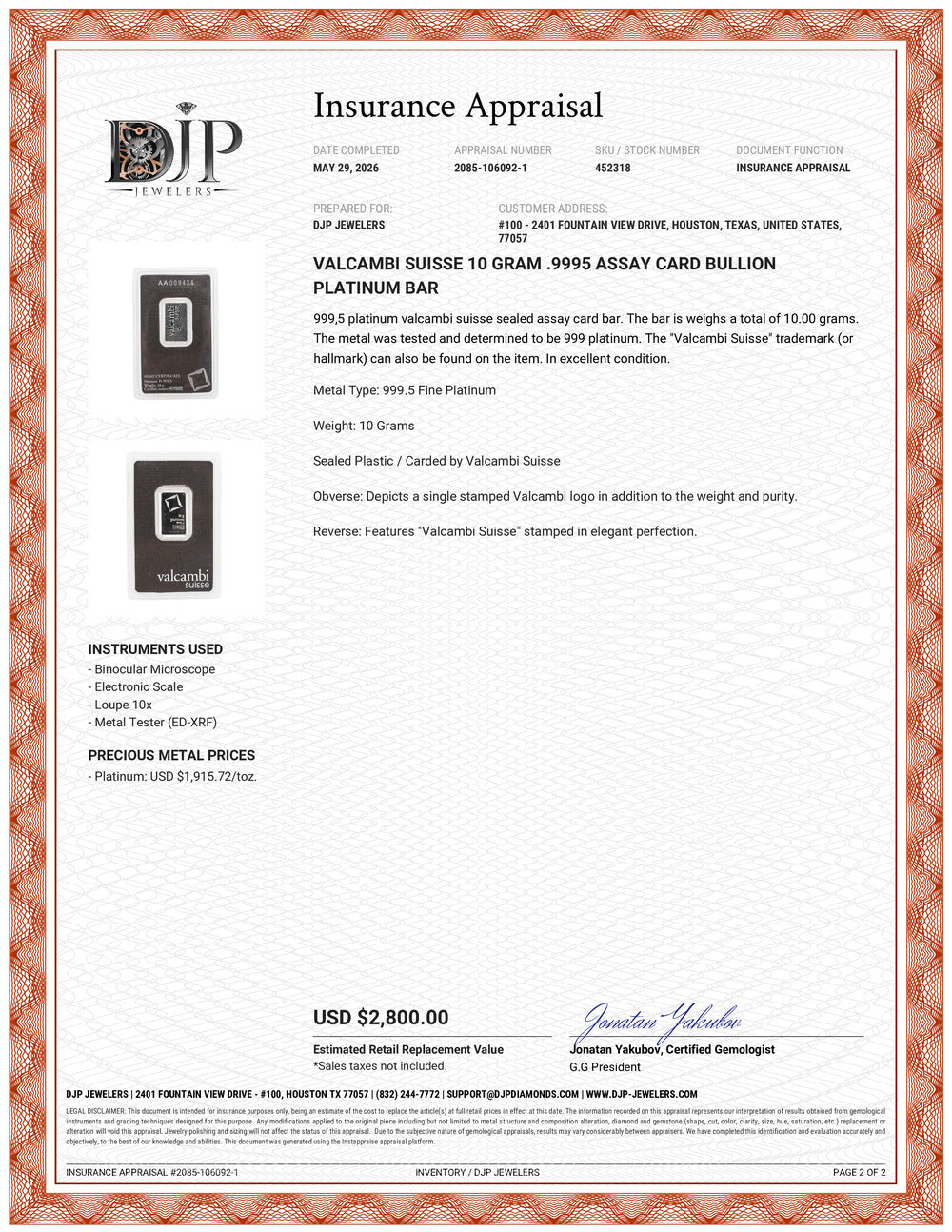 Valcambi Suisse 10 Gram .9995 Assay Card Bullion Platinum Bar