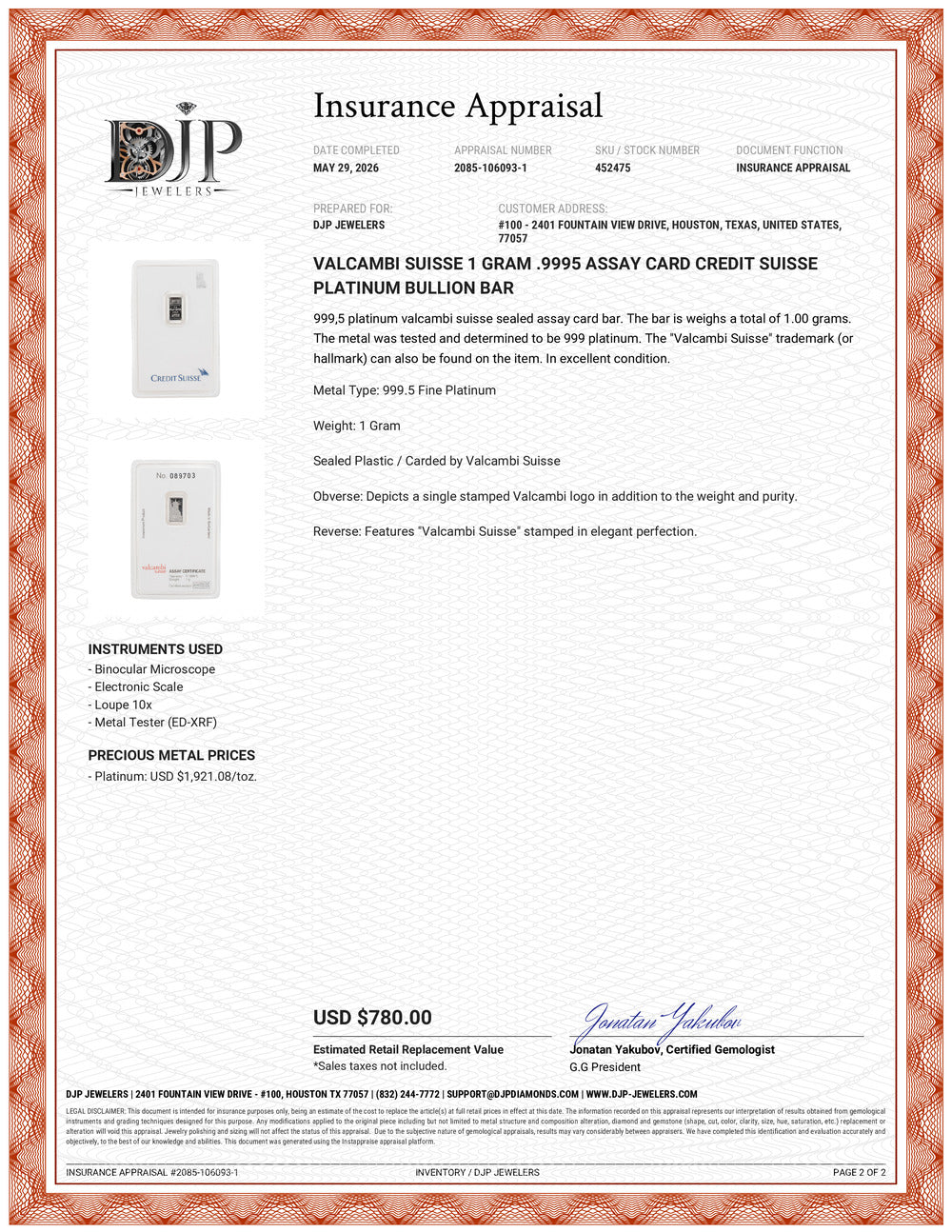 Valcambi Suisse 1 Gram .9995 Assay Card Credit Suisse Platinum Bullion Bar