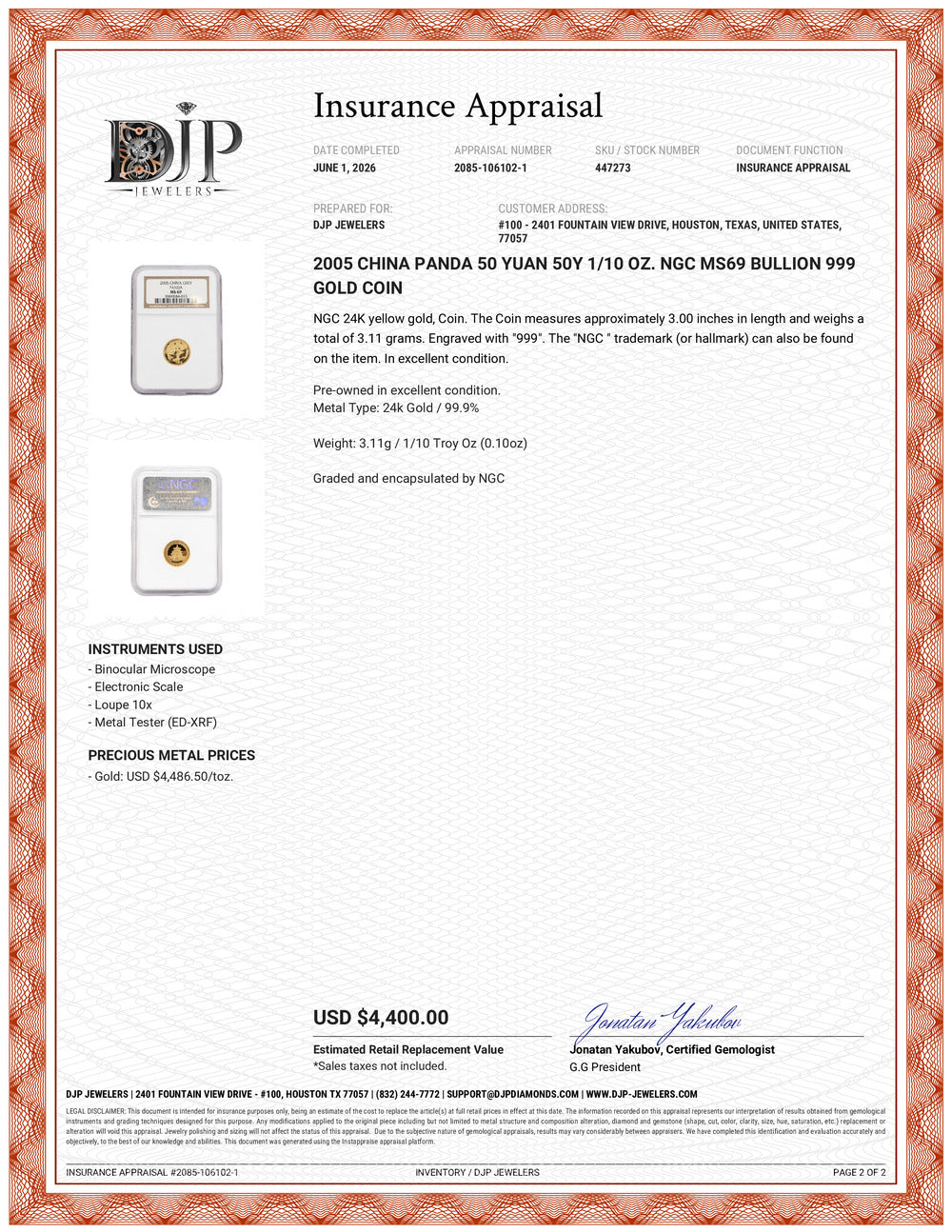 2005 China Panda 50 Yuan 50Y 1/10 Oz. Ngc MS69 Bullion 999 Gold Coin