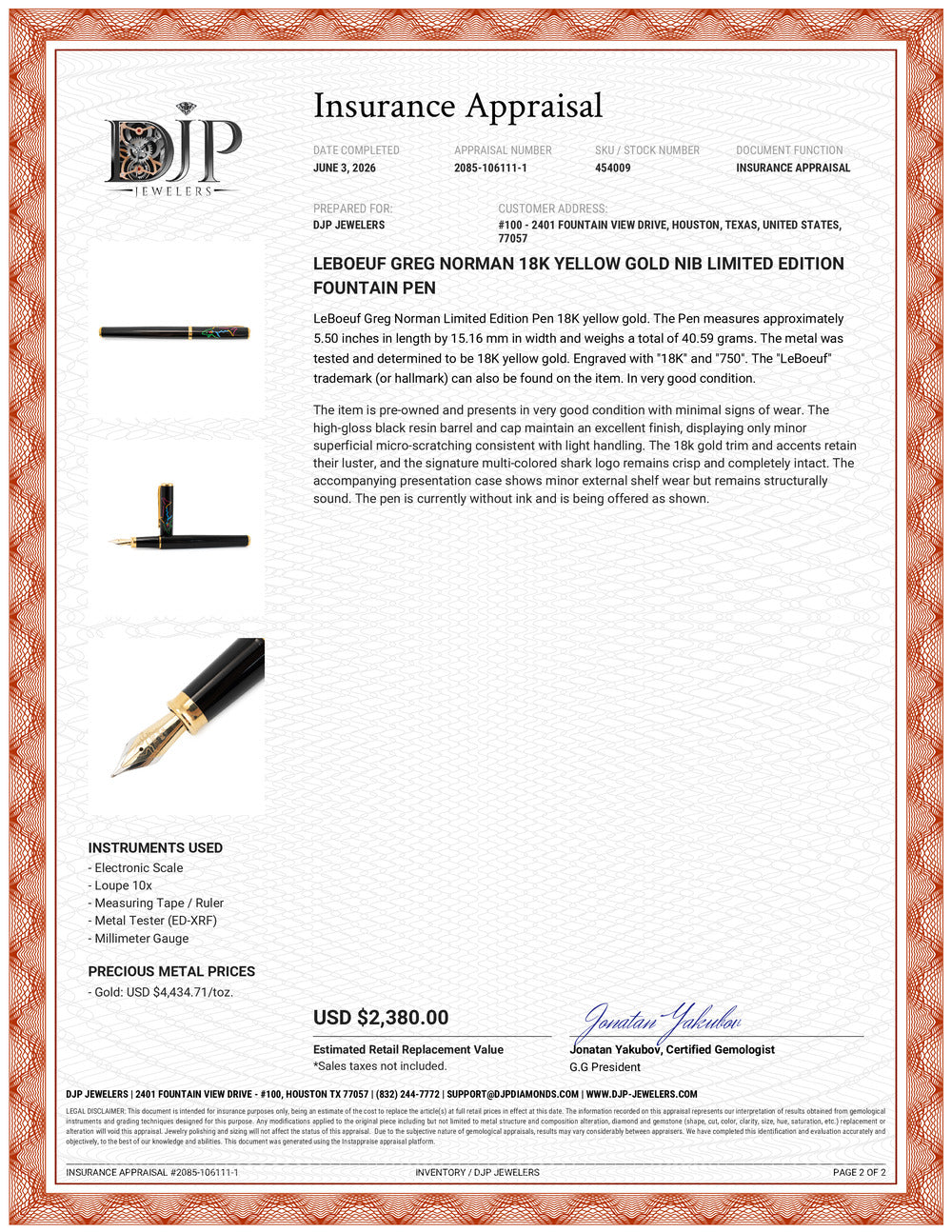 Leboeuf Greg Norman 18K Yellow Gold Nib Limited Edition Fountain Pen