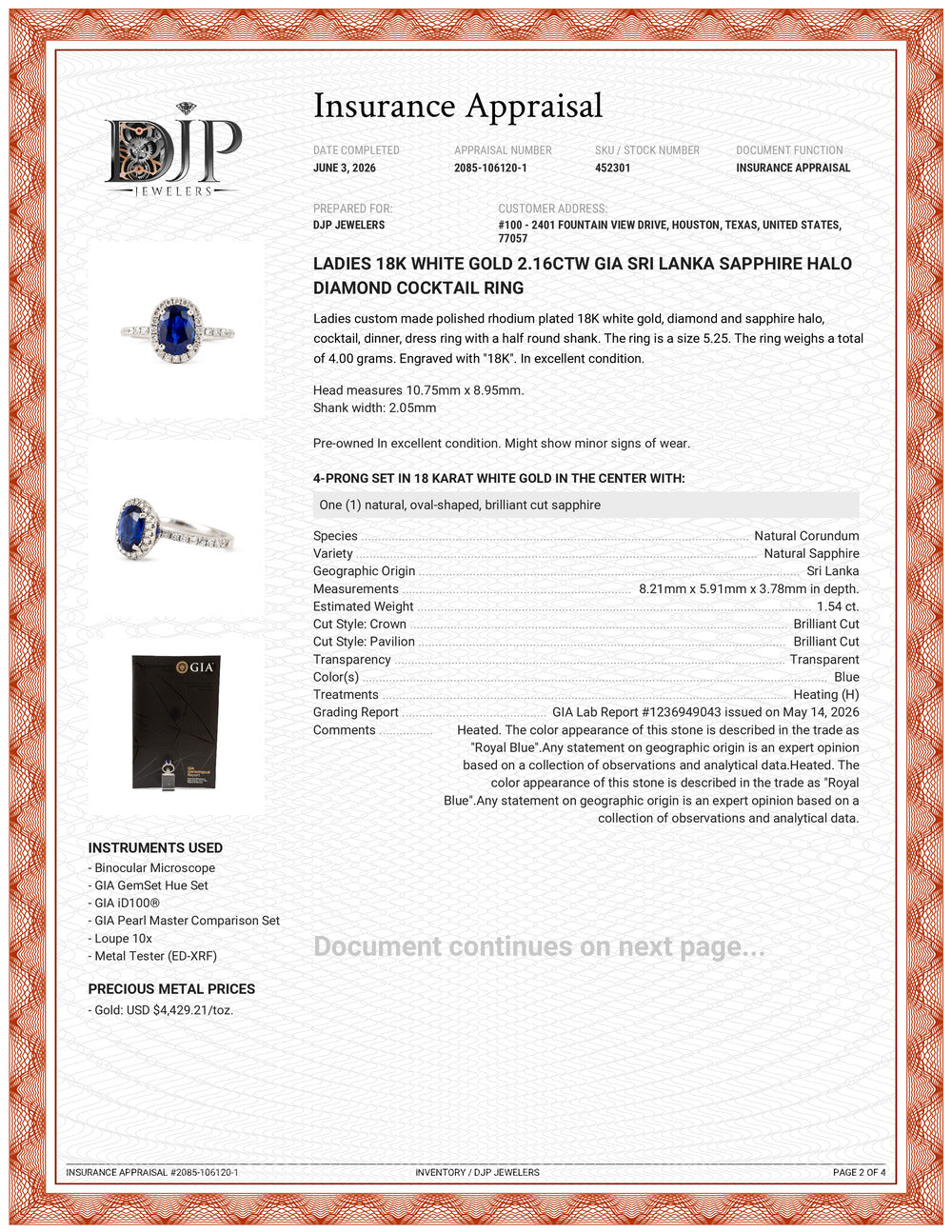 Ladies 18K White Gold 2.16ctw Gia Sri Lanka Sapphire Halo Diamond Cocktail Ring
