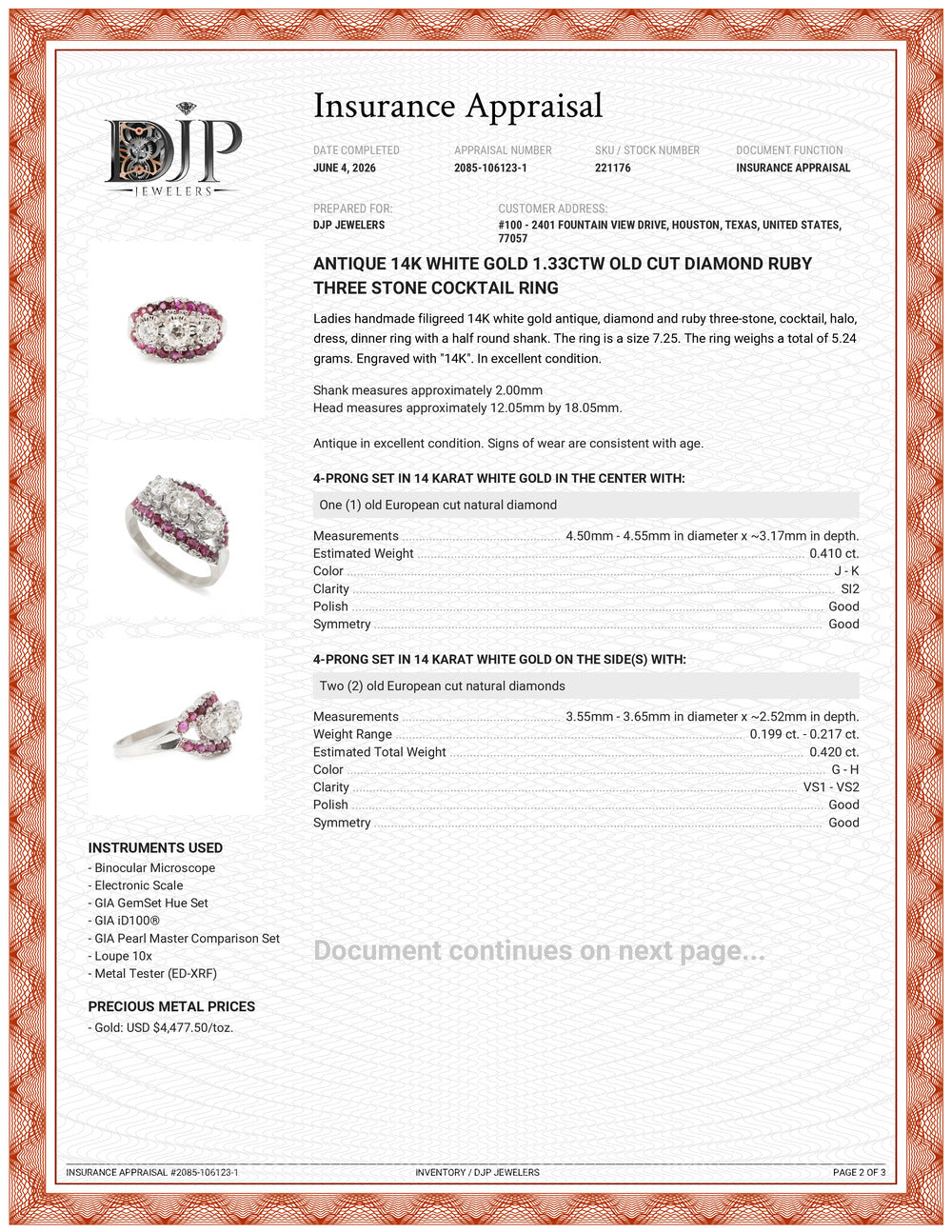 Antique 14K White Gold 1.33ctw Old Cut Diamond Ruby Three Stone Cocktail Ring