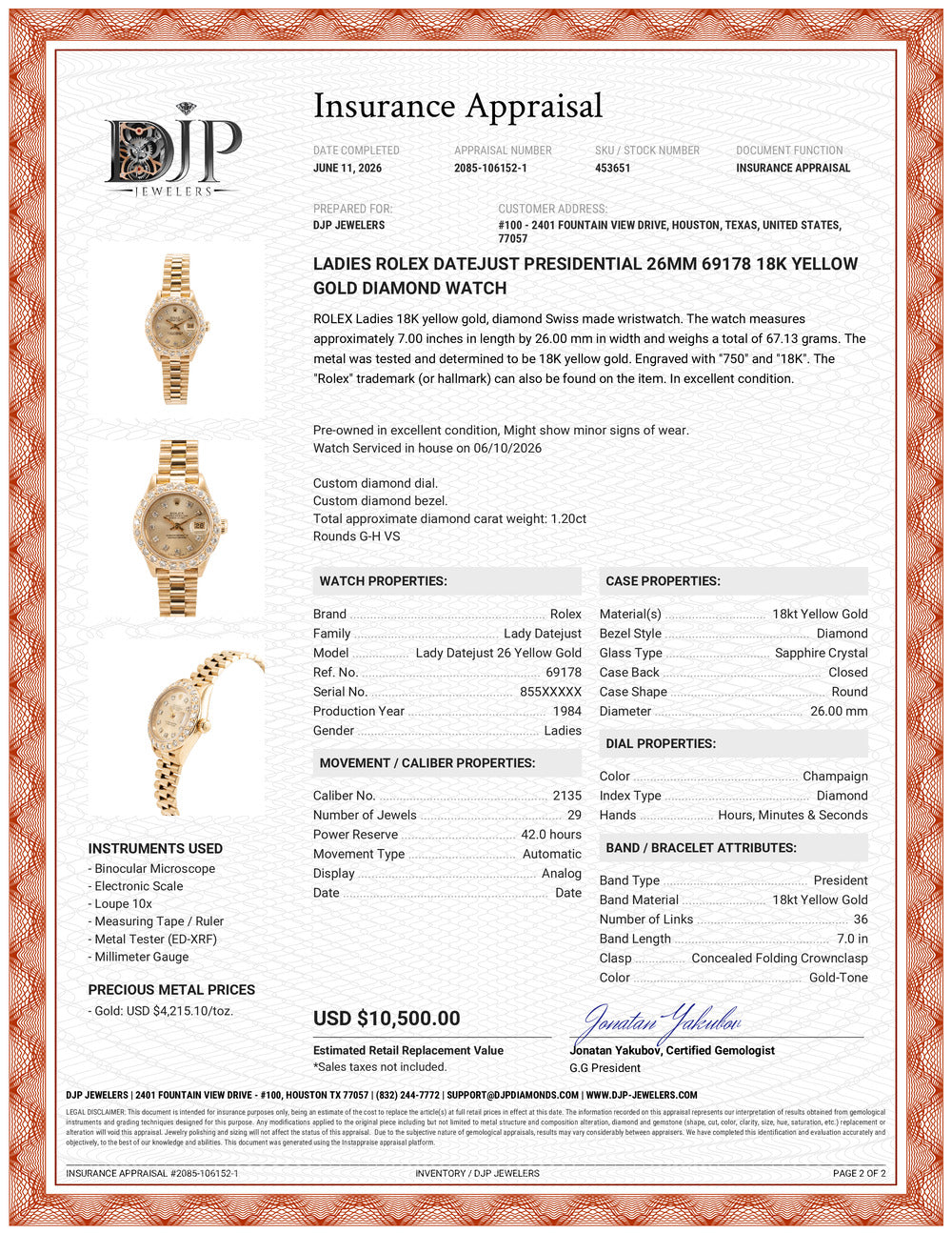 Ladies Rolex Datejust Presidential 26MM 69178 18K Yellow Gold Diamond Watch