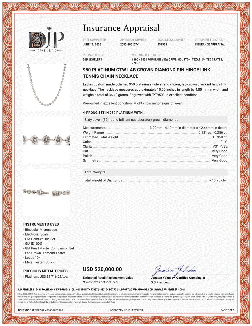 950 Platinum Ctw Lab Grown Diamond PIN Hinge Link Tennis Chain Necklace