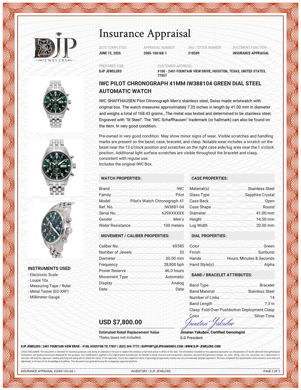Iwc Pilot Chronograph 41MM IW388104 Green Dial Steel Automatic Watch