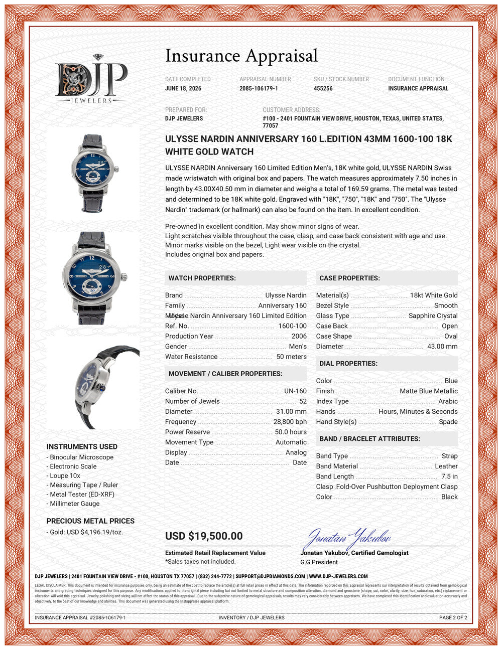 Ulysse Nardin Anniversary 160 L.Edition 43MM 1600-100 18K White Gold Watch