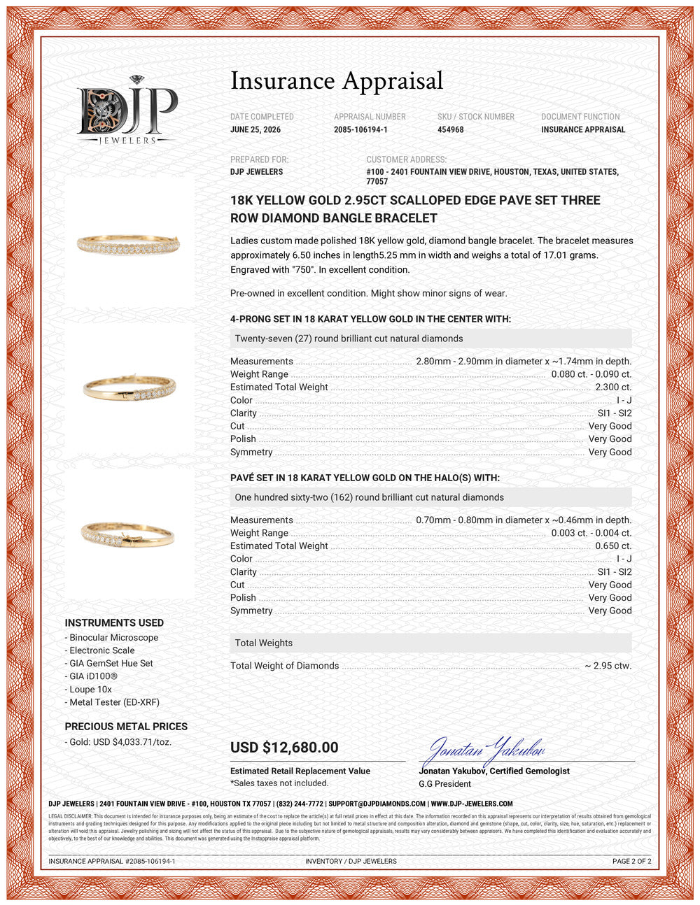 18K Yellow Gold 2.95ct Scalloped Edge Pave Set Three Row Diamond Bangle Bracelet