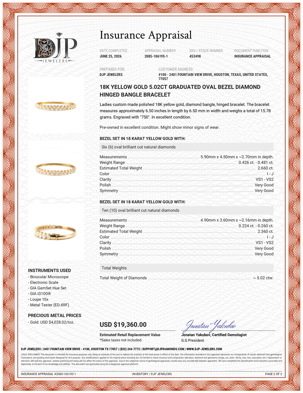 18K Yellow Gold 5.02ct Graduated Oval Bezel Diamond Hinged Bangle Bracelet