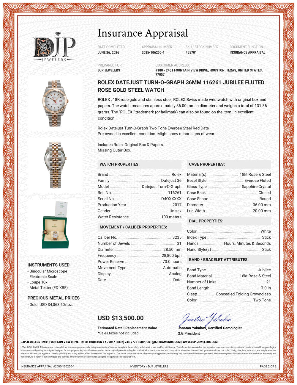 Rolex Datejust Turn-O-Graph 36MM 116261 Jubilee Fluted Rose Gold Steel Watch