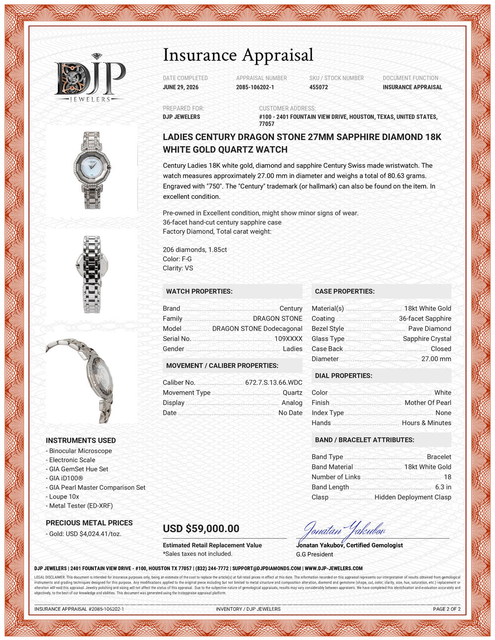 Century Dragon Stone 18K white gold Diamond Watch | DJP Jewelers