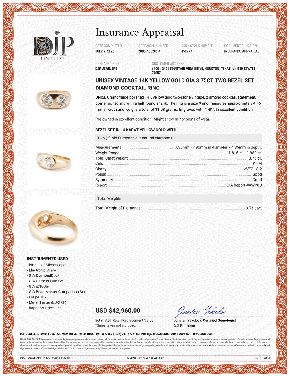 Unisex Vintage 14K Yellow Gold Gia 3.75ct Two Bezel Set Diamond Cocktail Ring