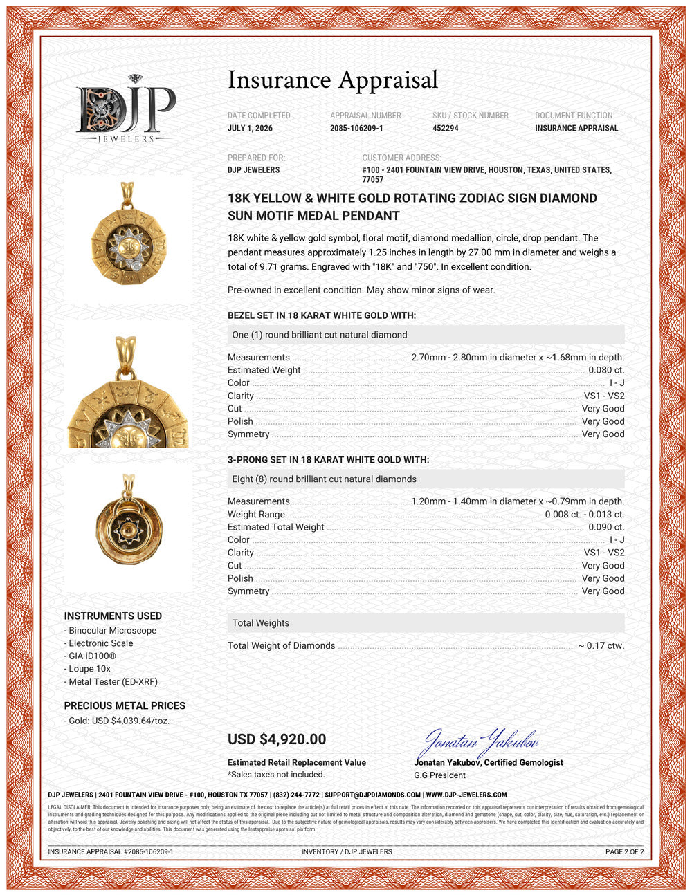 18K Yellow & White Gold Rotating Zodiac Sign Diamond Sun Motif Medal Pendant