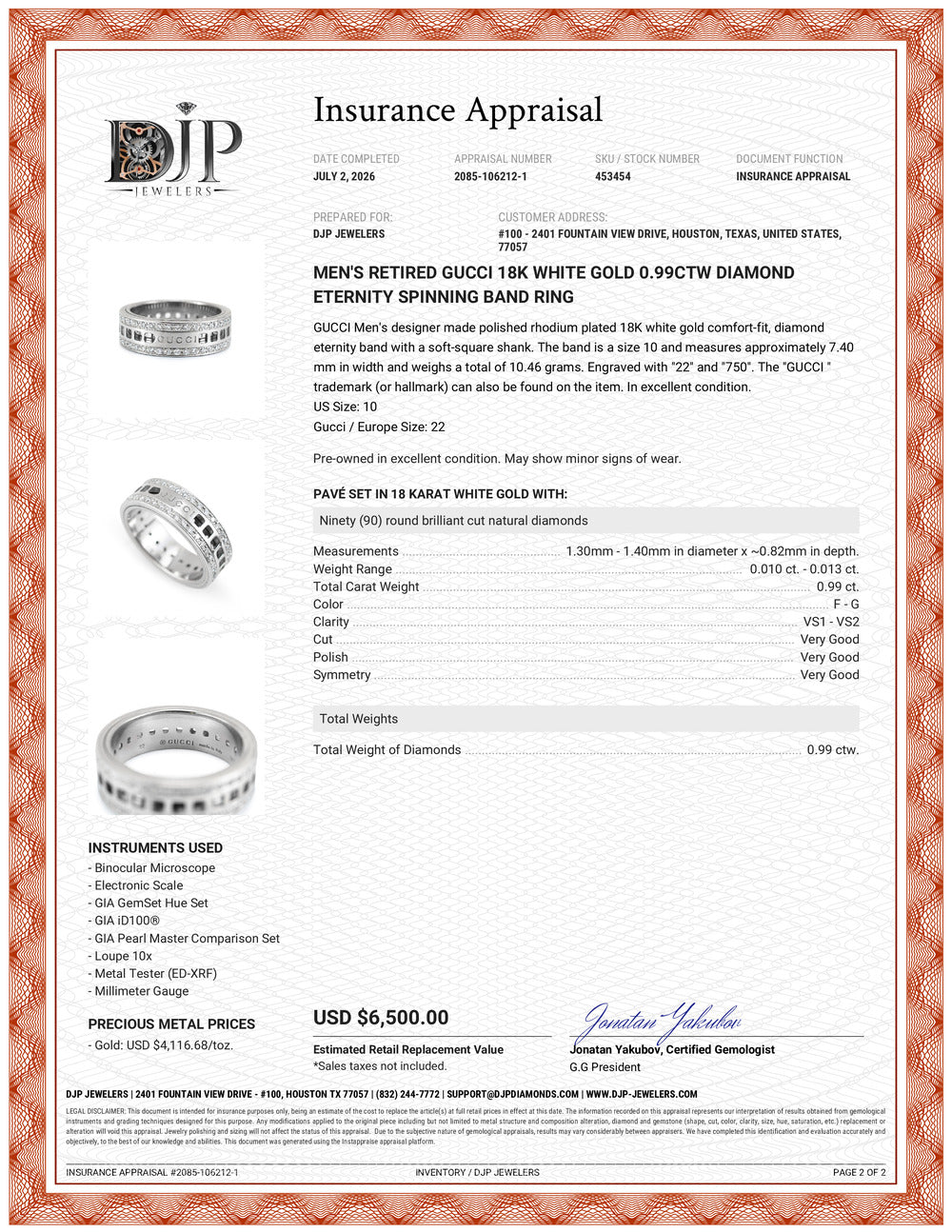 Men’s Retired Gucci 18K White Gold 0.99ctw Diamond Eternity Spinning Band Ring