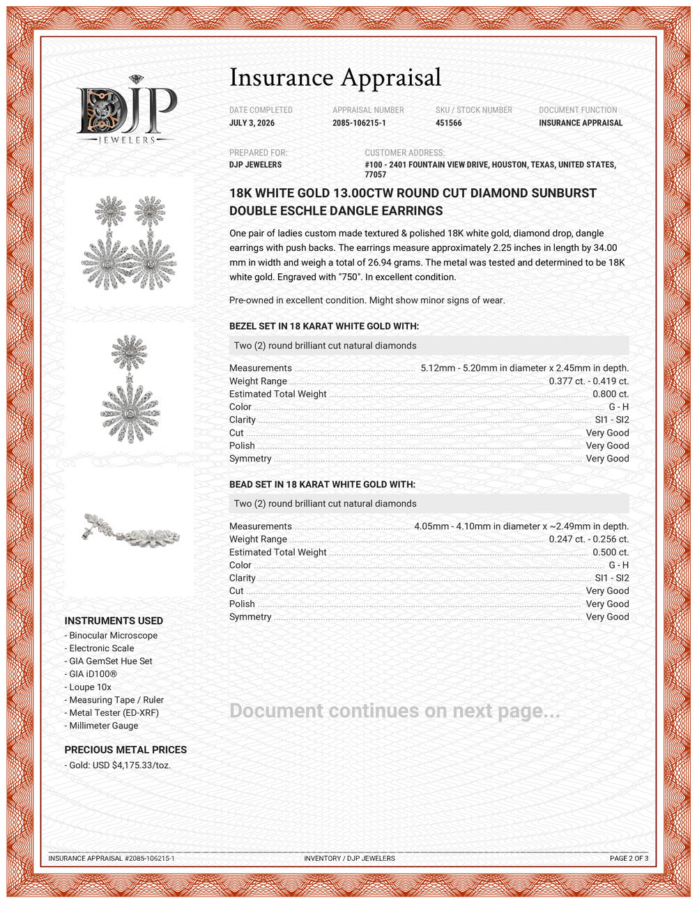 18K White Gold 13.00ctw Round Cut Diamond Sunburst Double Eschle Dangle Earrings