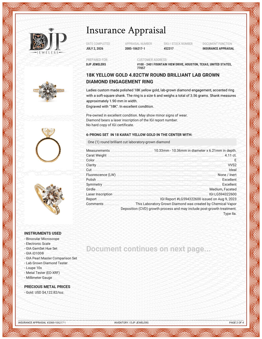 18K Yellow Gold 4.82ctw Round Brilliant Lab Grown Diamond Engagement Ring