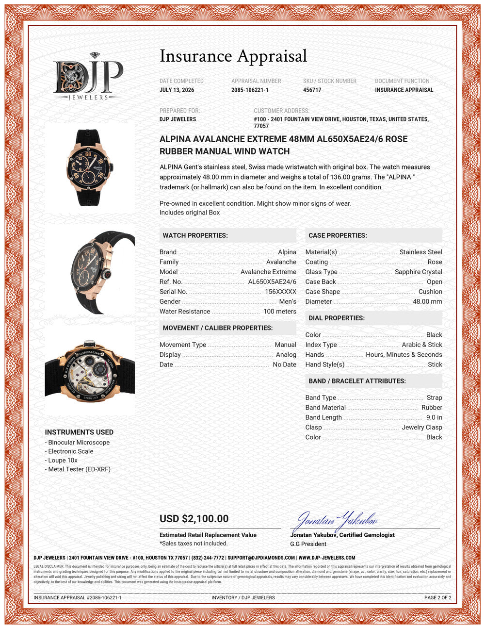 Alpina Avalanche Extreme 48MM al650x5ae24/6 Rose Rubber Manual Wind Watch