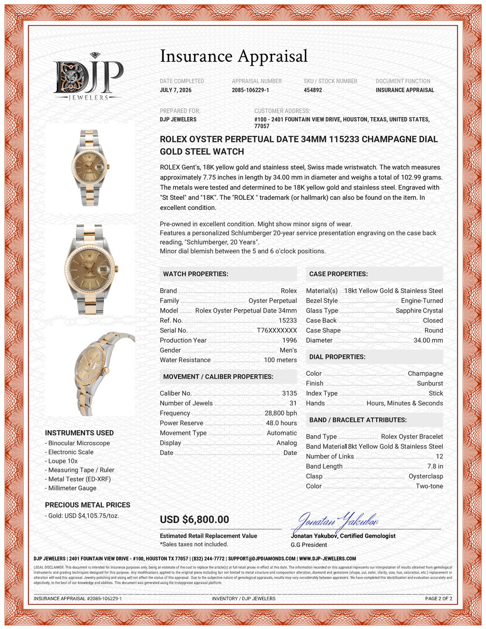 Rolex Oyster Perpetual Date 34MM 115233 Champagne Dial Gold Steel Watch
