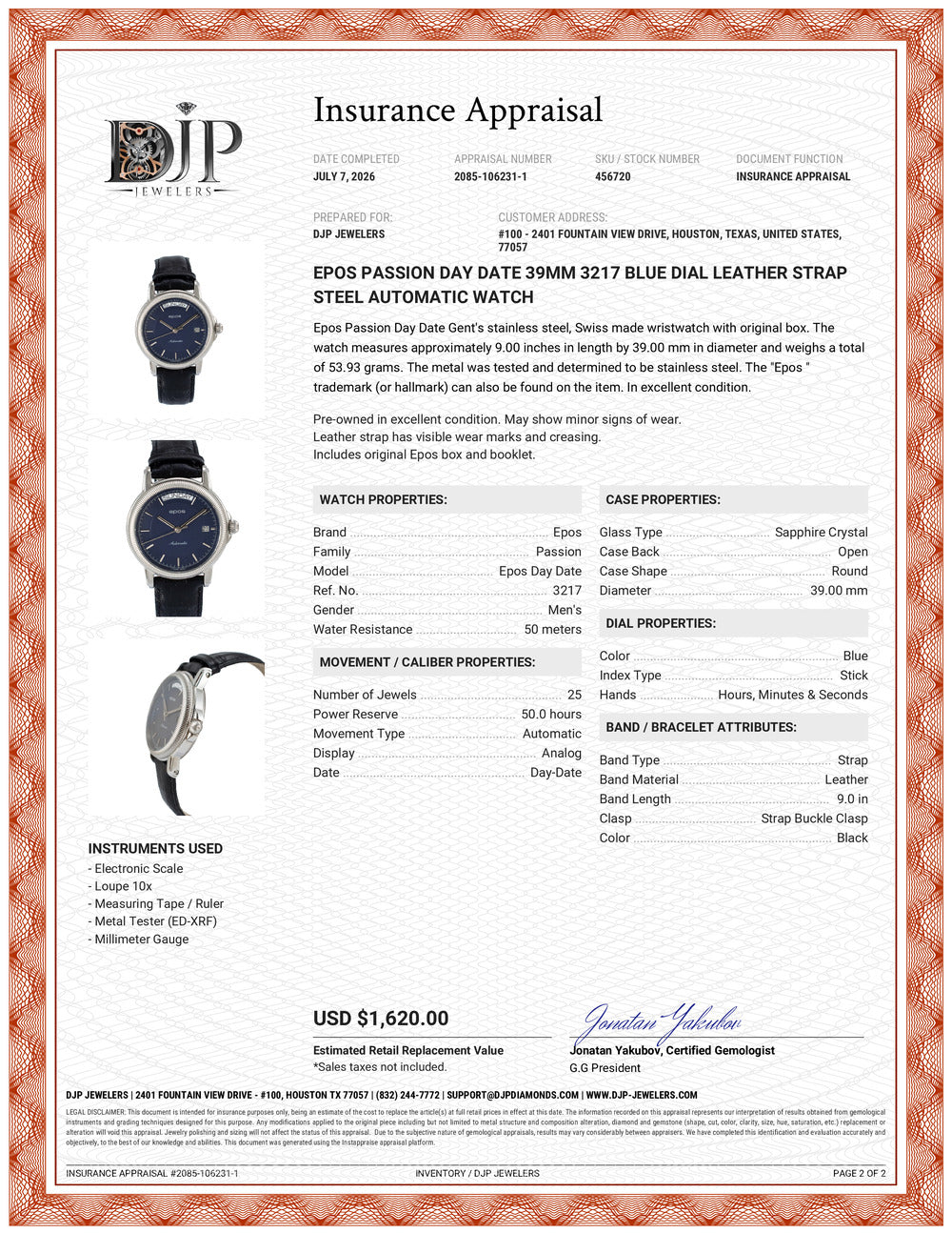 Epos Passion Day Date 39MM 3217 Blue Dial Leather Strap Steel Automatic Watch