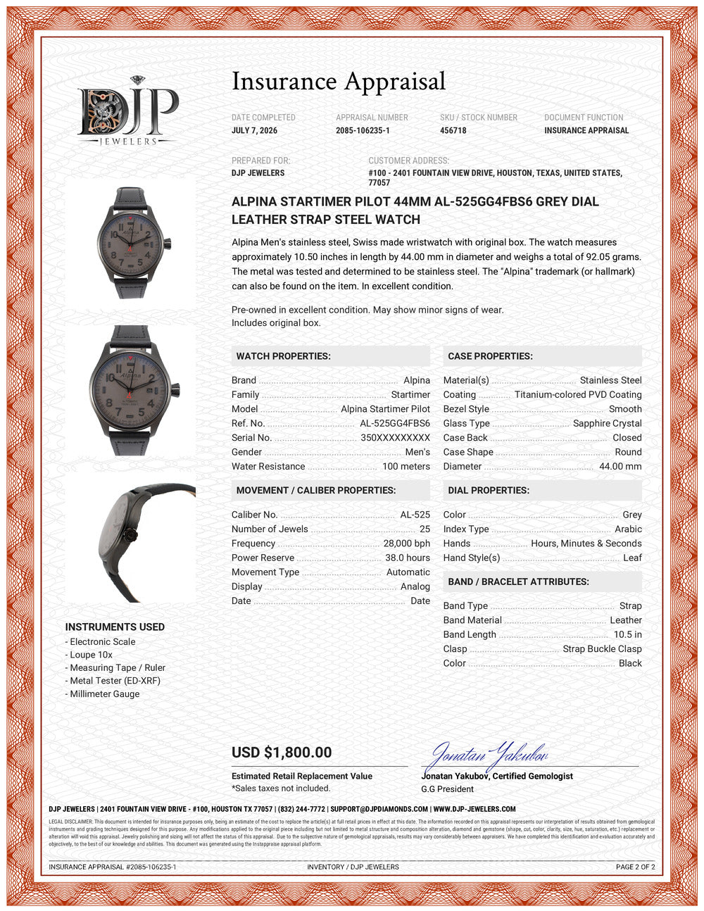 Alpina Startimer Pilot 44MM Al-525gg4fbs6 Grey Dial Leather Strap Steel Watch