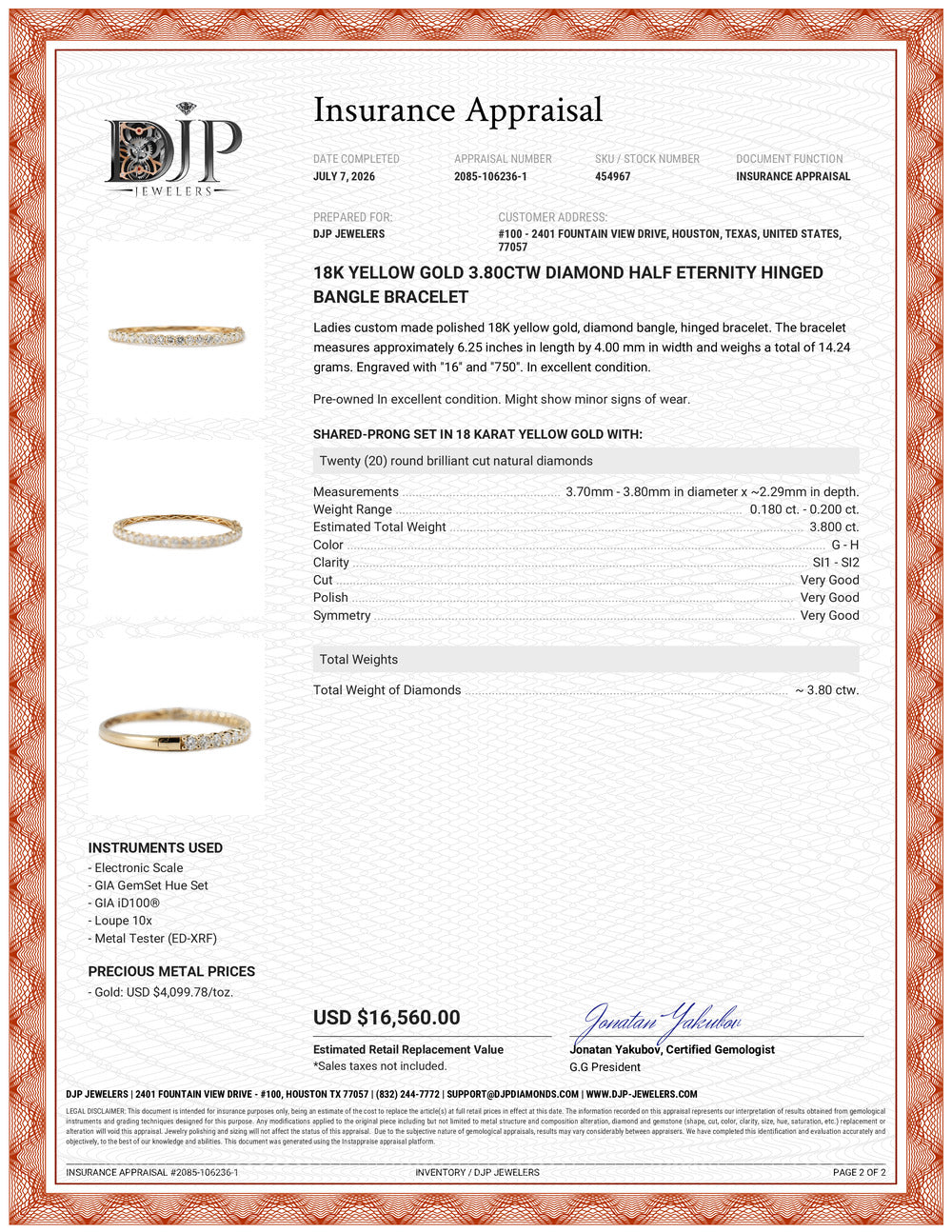 18K Yellow Gold 3.80ctw Diamond Half Eternity Hinged Bangle Bracelet