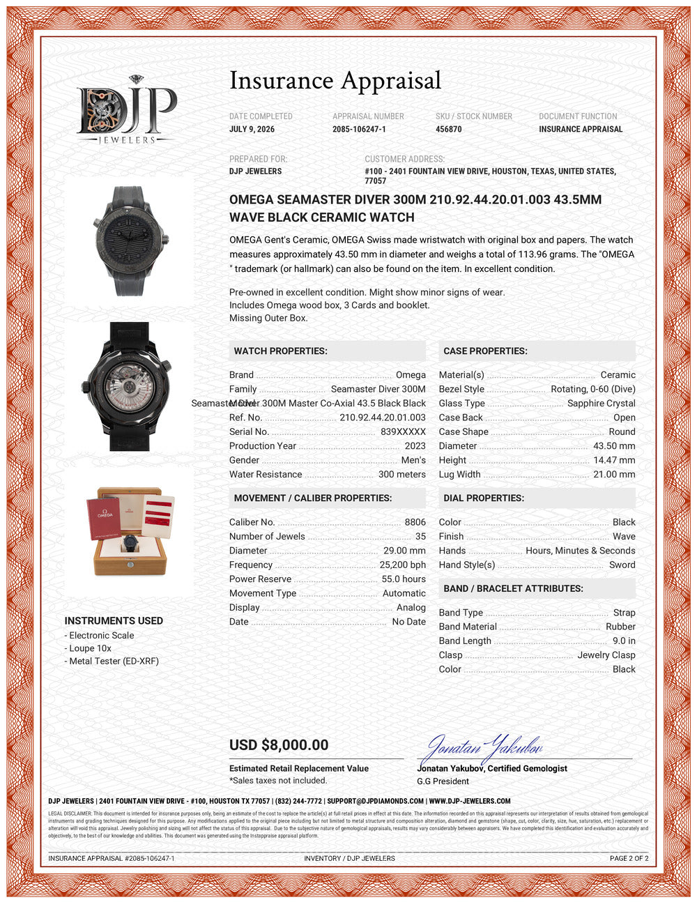 Omega Seamaster Diver 300M 210.92.44.20.01.003 43.5mm Wave Black Ceramic Watch