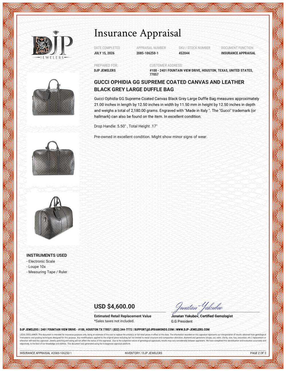 Gucci Ophidia Gg Supreme Coated Canvas and Leather Black Grey Large Duffle Bag